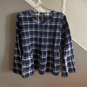 Caslon Woman’s Plaid Bell Sleeve Blouse Shirt Blue White